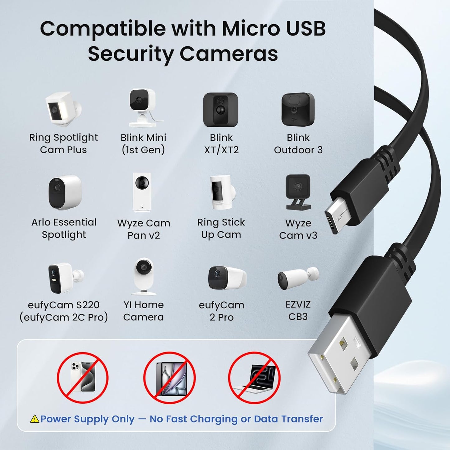 Micro USB Power Cable 30 FT (2 Pack),Flat Micro USB Charging Power Cord,Charger for Wyze Cam V3 Pan,Yi Cam,Nest Cam,Blink Mini XT XT2 Outdoor 3Rd Gen Camera,Arlo Q,Zmodo,Xbox One Controller,25